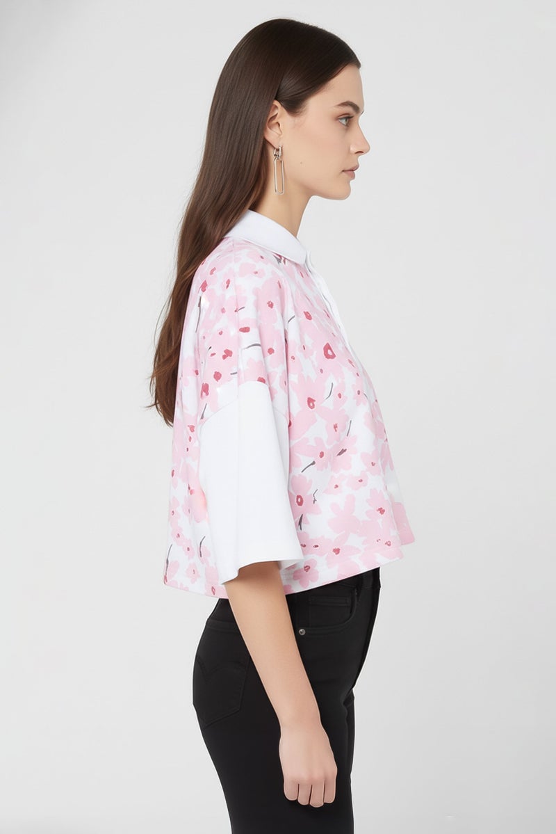 MSGM Women Spread Collar Floral Pattern Short Sleeve Crop T-Shirt, Multicolor - Image 3